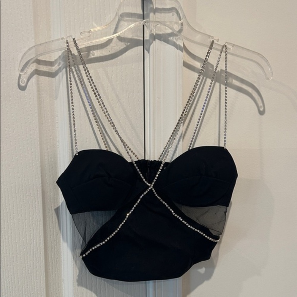 HEIRESS Beverly Hills Elegant Black Women's Top with Rhinestone Straps
